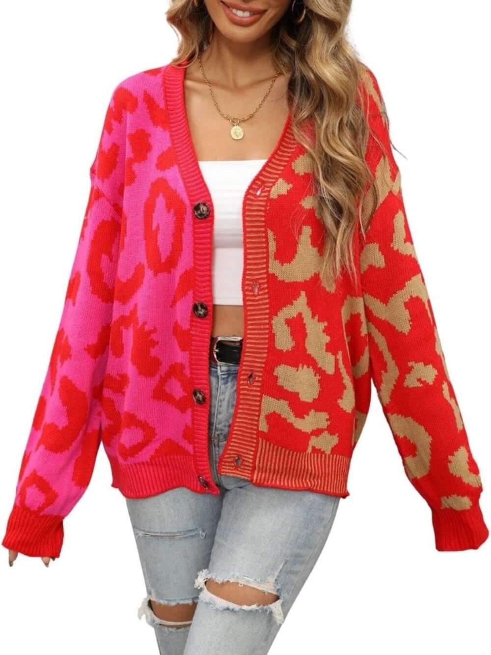 Color Block Leopard Print Button Down Long Sleeve Cardigan Sweater for Women